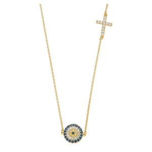 14KT GOLD EVIL EYE AND CZ CROSS PENDANT LIGTH CHAIN NECKLACE
